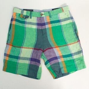 NWT Polo Ralph Lauren Classic Fit Linen Madras Green Multi Check Plaid Shorts 32